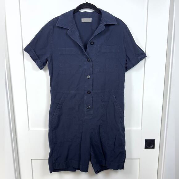 Everlane The Cotton Weave Romper Size 6 Short Sleeve Pockets Navy Blue Shorts - Picture 2 of 8